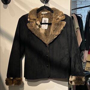Vintage button down Black Jacket with Brown Faux Fur Trim